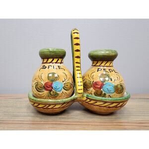 Vintage Deruta Salt and Pepper Shaker Pottery Set with Holder